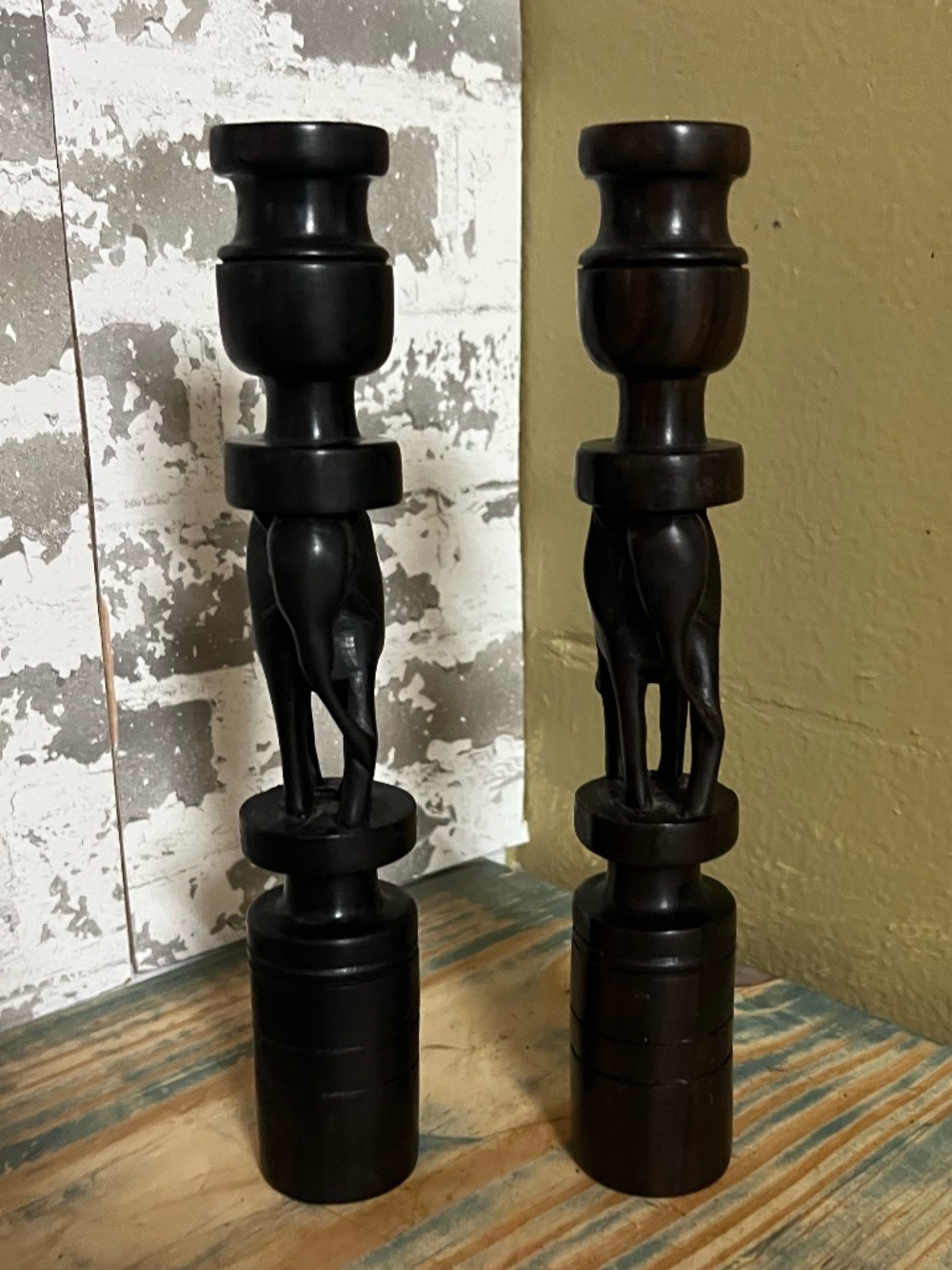 Pair of Vintage Ebony Wood Hand Carved Elephants Candlesticks